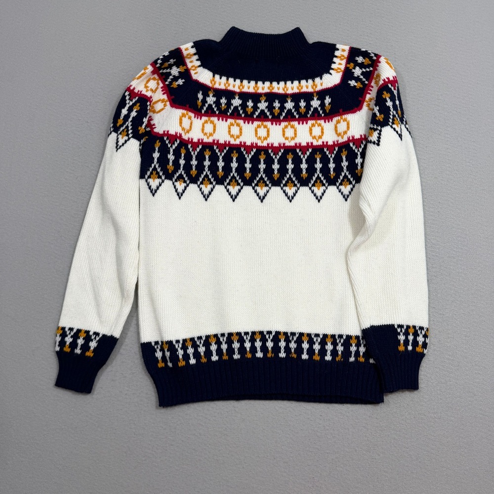 Vintage JCPenney Sweater Large White Fair Isle Mock Neck Vintage Acrylic Knit - Picture 6 of 9